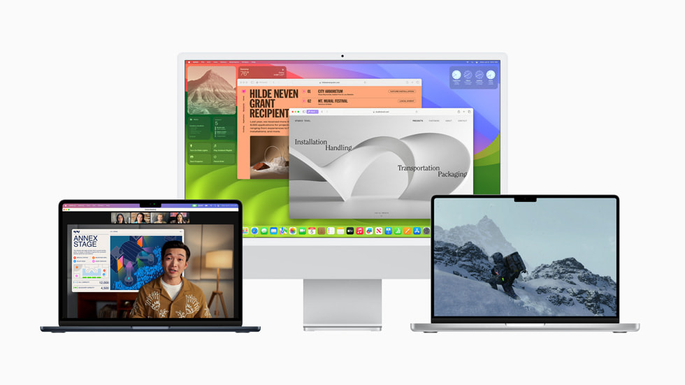 macOS Sonoma running across a MacBook Air, iMac, and MacBook Pro
